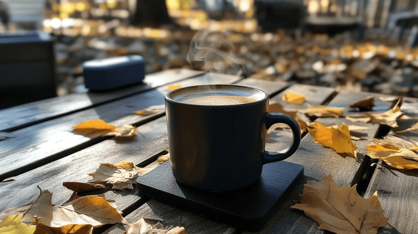 A cup of coffee on a table with dry leaves- Decaf Flavored Coffee.png