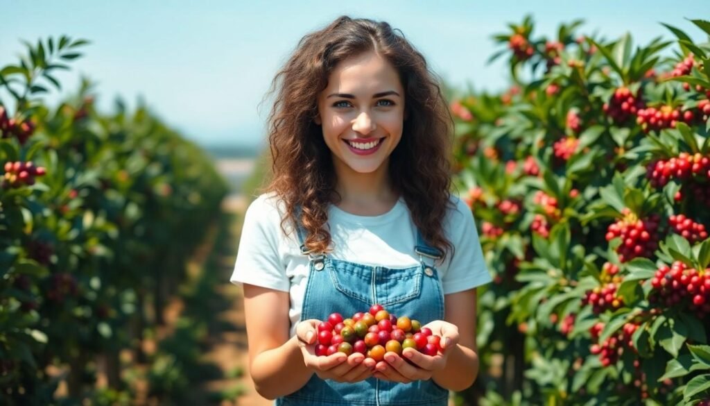 woman with coffee cherries - sustainable coffee