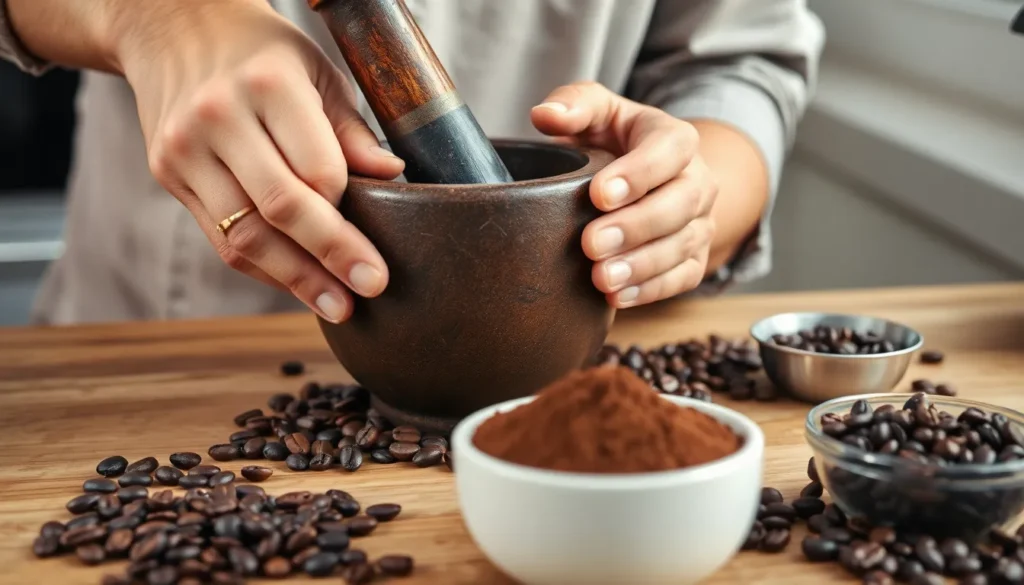 person grinding coffee with mortar and pestle - how to grind coffee beans without a grinder
